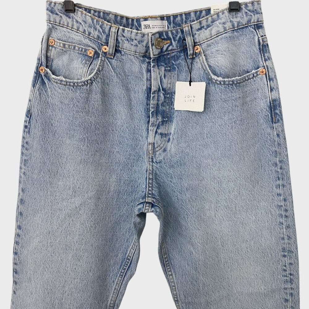 Zara High-Waisted Denim Ankle Jeans Blue Womens Size 12 Straight-Leg Raw-Hem New - Picture 5 of 14